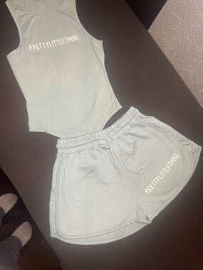 PrettyLittleThing Mint Sage Logo Tank & Lounge Shorts